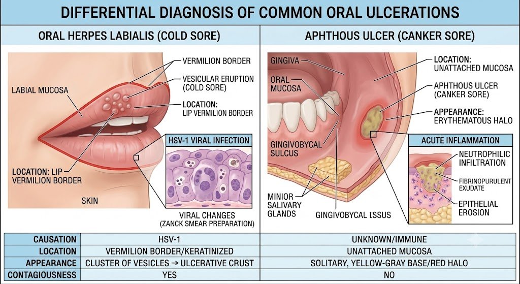Comparison between Cold Sore on outer lip vs Canker Sore inside mouth