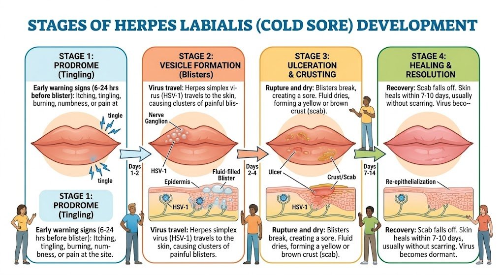 Clinical stages of Herpes Labialis cold sore development